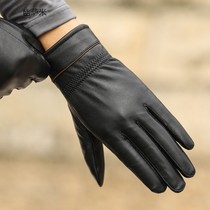 Haining leather gloves sheep leather men autumn and winter plus velvet thickened warm riding driving outdoor thin gloves