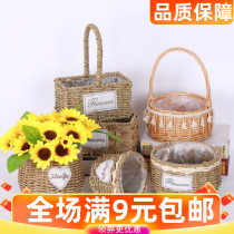 Small gardener bamboo flower pot rattan Wicker pastoral Wicker pastoral hand DIY woven flower arrangement fleshy Wall portable flower blue