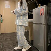 Autumn and winter coral velvet pajamas female students can wear new cute plus velvet padded home clothes two-piece ins
