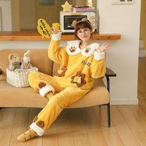Fall and Winter Flagwet Pajamas Sweet cute plus thickness warm spring and autumn coral velvet home suit two pieces