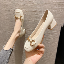 Coarse heel single shoes womens spring and autumn 2021 new mid-heel leather square nipple shoes Joker shallow mouth high heel shoes