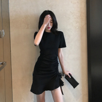 2021 summer new black short sleeve dress female retro high waist slim wrinkled drawstring fishtail bag hip skirt