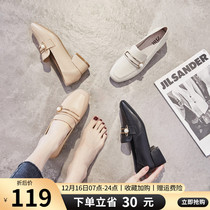 ZHR shoes 2021 new female rough heel single shoes Middle heel loafers women winter British small leather shoes cream shoes