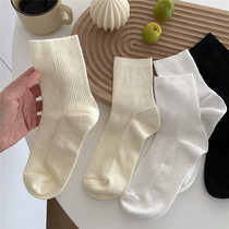 Thin strips of milky white vertical pattern socks womens spring and autumn pile socks ins tide Japanese wild solid color jk mid-tube socks summer