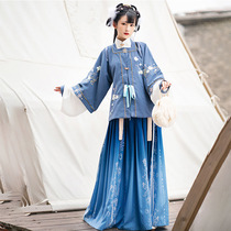 Hanfu female Ming-style collar Hanfu Chinese style long sleeve waist skirt Cotton Blue Spring and Autumn costume
