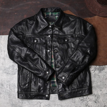 Storm knight frock leather jacket mens lapel slim leather jacket Batik goat shrink denim leather jacket