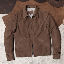 Retro Lapel Top Layer Suede Cowhide Jacket Mens Short Slim Casual Leather Ami Khaki Leather Jacket
