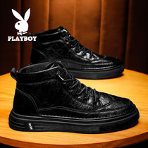 Playboy Martin Boots Men Autumn High English Mens Mid-Gang Leather Boots Leather Black Waterproof Leather Shoes Men