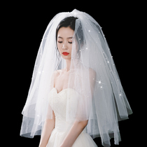 Bride wedding wedding gown veil Super Xiansen Net red photo props white puffy Pearl head yarn headdress
