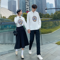 Couples autumn Chinese style embroidered long-sleeved T-shirt Retro literature and art stand-up collar buckle Republic of China Tang costume student class uniform