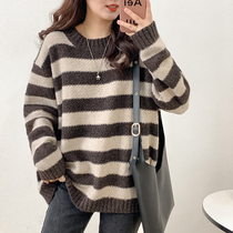European station 2021 autumn and winter alpaca velvet striped sweater female Korean version of Joker loose padded long sleeve sweater coat