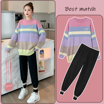 Pregnant women Spring and Autumn Sweater 2021 Fashion Net red set autumn loose top striped knitted sweater fat mm