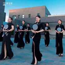 Female retro long catwalk cheongsam velvet conjoined long skirt body etiquette fan umbrella dance training performance costume