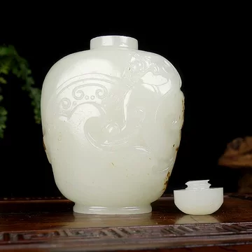 経年蔵品 和田玉製 細彫 寿星紋 鼻煙壺 藥壺 根付 裝身具 世界顶级袖珍