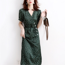 French elegance Chiffon V-neck medium-length tea break dress wave point dress waist thin 2021 new summer