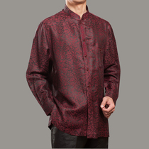 High-grade fragrant cloud yarn Chinese style collar shirt silk mens Tang long sleeve shirt Baifulong middle-aged autumn jacket