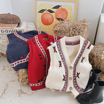 Childrens clothing 2021 autumn and winter New Girls foreign style national style color color lace embroidery knitted cardigan wool tide