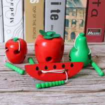Young children string beads 1-2-year-old Puzzle Early Teach Hand Worm Eat Apple Threading Toy Baby Fine Action Training