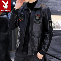 Playboy mens leather autumn and winter trend lapel slim Korean version handsome leather jacket short coat top