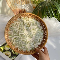 Thai craft autumn rattan weave Nordic light extravagant table containing green leafy shell double ear round tray new product