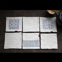 Fuxi coaster Thorn embroidered hand-stitched tea dyed cotton linen tea mat tea towel retro rustic kung fu tea mat can diy