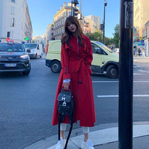 Coat women's 2022 new spring and autumn long knee-length Korean version of commuter red fashion foreign style lace-up slim coat