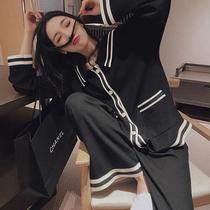 Womens pajamas Spring and Autumn New Home Clothes Korean Fashion Black Lapel Casual Loose Plus Size Set Winter (8