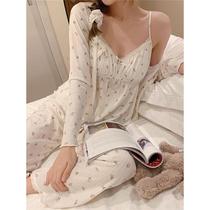 Net red pajamas female floral knit sweet age girl sling spring and summer autumn pure desire three-piece home clothes (
