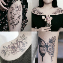 ins Wind Japanese shoulder flower whale flower arm tattoo sticker waterproof black and white female lasting simulation Korean dark wind sexy