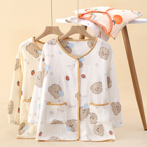 Cotton gauze pajama top single piece womens spring and autumn long sleeve thin Korean version cardigan V collar collarless cotton loungewear