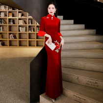 Long sleeve velvet modified cheongsam 2021 New Stage performance catwalk suit fishtail high end dress winter