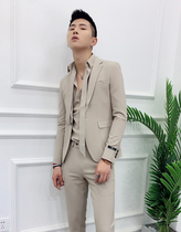 Mens net red suit Mens solid color temperament suit three-piece suit Mens British slim trend Ruffian handsome suit Casual four