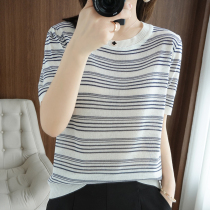 A D Hepburn ~2021 new striped t-shirt womens short-sleeved short summer Korean version wild t-shirt wide