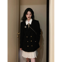 Private clothing black vintage wool small fragrant woolen jacket women autumn and winter New loose suit woolen coat