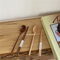 Po-Korea ins minimalist pure wood Nanmu chopsticks spoon set Dormitory students Japanese portable tableware 2-piece set
