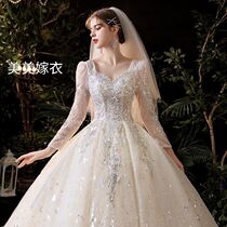 Long sleeve main wedding dress 2021 new bride French starry sky high end luxury little pregnant woman temperament tailing winter