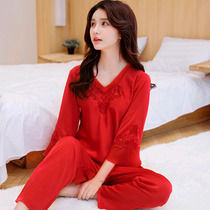 Pajamas female Spring and Autumn Silk long sleeve Ice Silk Korean summer thin suit ladies fresh can wear home clothes