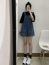 YOUNGZL denim bib shorts womens summer 2021 new Korean loose thin retro Japanese sling shorts