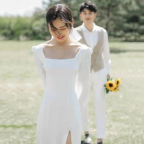French light wedding dress 2021 New temperament satin license simple long sleeve cover arm small white skirt dress autumn