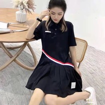 TB Thom2021 summer new Plaid stitching lapel lapel short sleeve pleated Polo dress long Lady