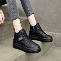 Hong Kong high-top shoes women 2021 autumn and winter New black leather Joker thick-soled flat casual sports Board Shoes
