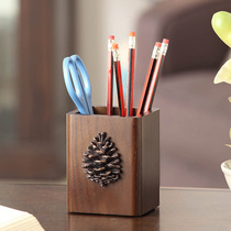Creative fashion cute pen holder solid wood American retro wooden makeup brush desktop storage box office gift customization