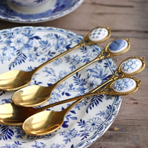 Coffee spoon English ceramic gold-plated mixing spoon vintage western spoon dessert spoon European embossed stainless steel spoon