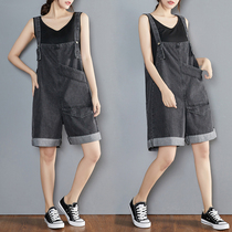 Denim Strap Shorts Women Summer Loose Korean Large Size Personality Big Pocket Suspend Wide Legs Five-point Pants
