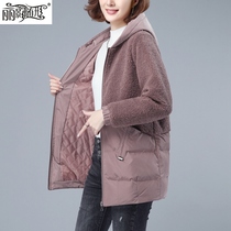 Hooded imitation lamb wool stitching cotton clothes womens winter 2021 New Korean loose thin padded jacket middle-aged mother