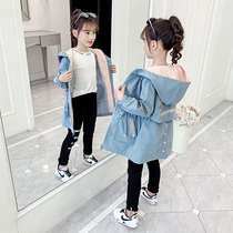 Girls  windbreaker medium and long 2021 new western style Korean childrens spring and autumn girls waist fashion childrens clothing jacket