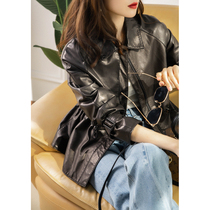 WK fashionable commuter leather vegetable tanned sheepskin short jacket leather jacket drawstring waist top womens early autumn