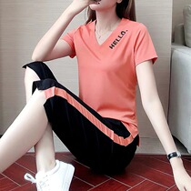Pure Cotton Casual Sportswear Suit Womens Summer 2022 New Korean Version Big Code Fashion Short Sleeves Seven Pants Two Sets