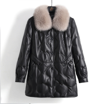 Middle-aged and elderly Haining leather down jacket female mothers leather jacket medium length plus thick large size fur coat winter