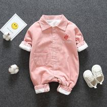 Newborn coat autumn double-layer out conjoined clothes baby plus velvet sweater ha clothes autumn and winter baby climbing clothes